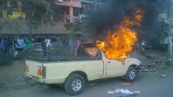 Vehicle Set Ablaze During ODM Rally in Mathare