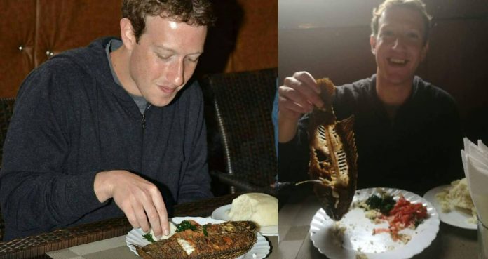 Mark Zuckerberg at Mama Oliech's - Nairobi eating fish and Ugali