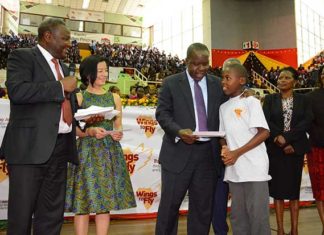 Cabinet Secretary of Education, Dr. Fred Matiang’i and Equity Bank Fred Matiangi 2017 Wings To Fly beneficiaries.
