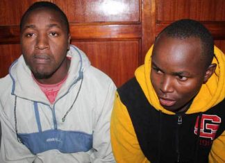 Nicholas Chege Mwangi (left) and Meshack Chege Mwangi in a Nairobi court. They are among three men sentenced to death for stripping and robbing a female passenger in a Githurai-bound bus three years ago