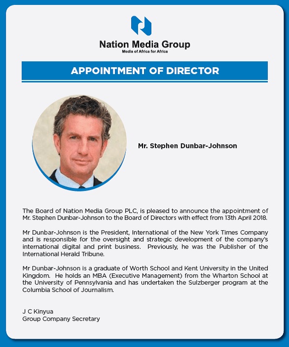 Nation Media Appoints New York Times President Stephen Dunbar Johnson To The Board Of Directors